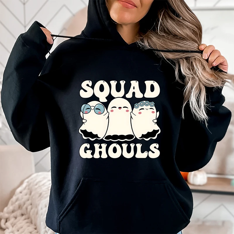 Halloween Squad Ghouls Essential Pullover Hoodie Funny Cute Flower Ghosts Retro Sweatshirt Women Halloween Cartoon Hooded Shirt