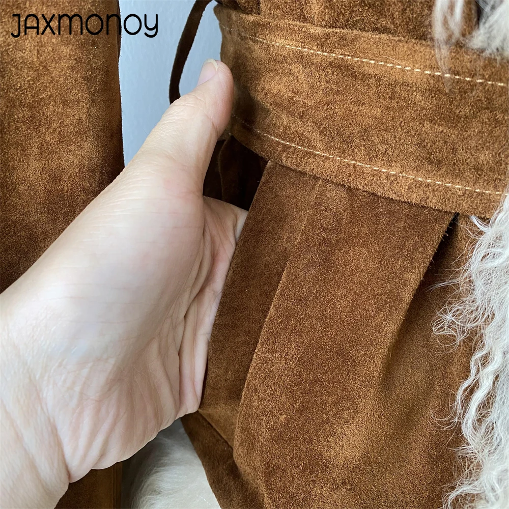 Jaxmonoy Women Real Suede Leather Jacket with Real Mongolian Sheep Fur Trim Lady Winter Fashion Genuine Leather Coat New Arrival