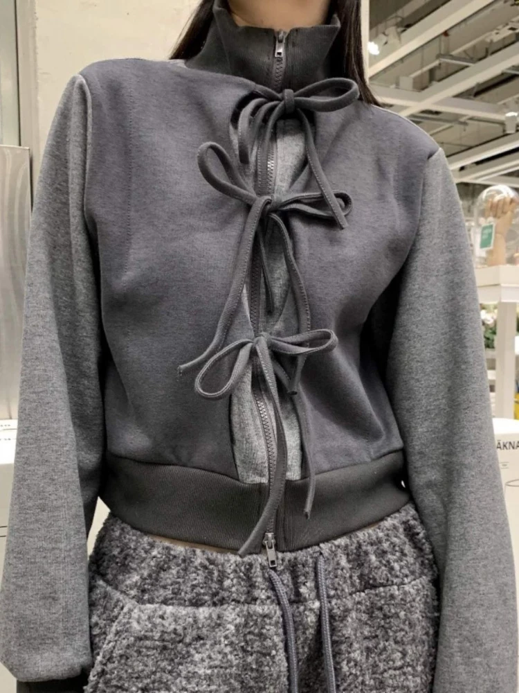 

Deeptown Korean Style Bow Lace Up Hoodies Women Gray Harajuku Cropped Coquette Black Zipper Sweatshirts Fake Two Pieces Jackets