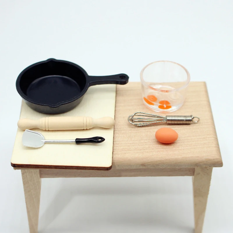 لعبة طعام مصغرة لبيت الدمى ، ملحقات مطبخ صغير ، دبوس دوّار ، مقلاة ، خفق بيض ، نموذج بيت الدمية ، مقياس ، 7 في كل مجموعة