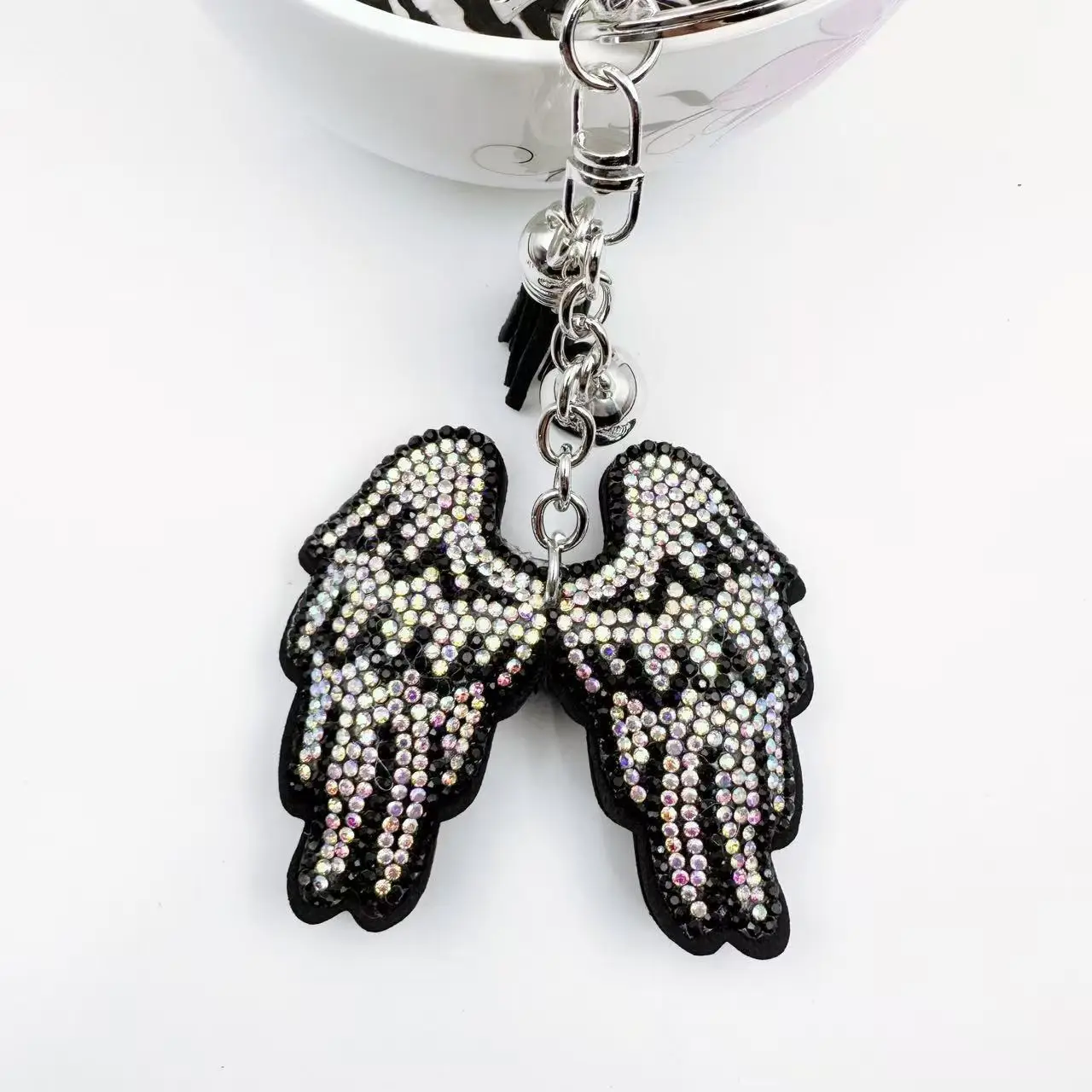 Sparkly Rhinestone Angel Wing Keychain Korean Velvet Tassel Bell Charm Fashion Bag Backpack Pendant, Korean Style Ornament