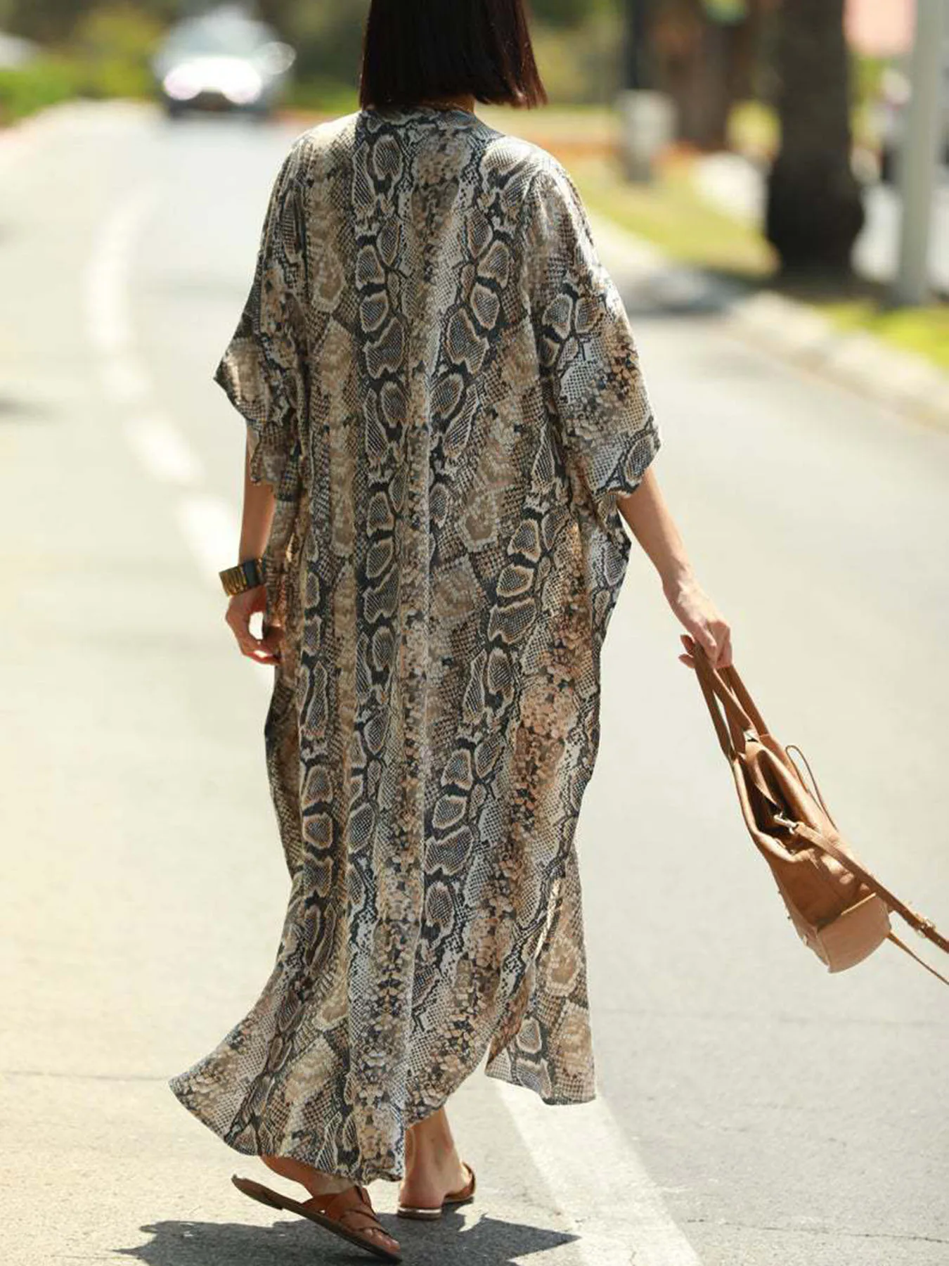 غطاء شاطئ بطباعة بوهيمية |   عباءة قفطان بتصميم قميص بأزرار أمامية - مثالية لعطلات المنتجعات والبيكيني