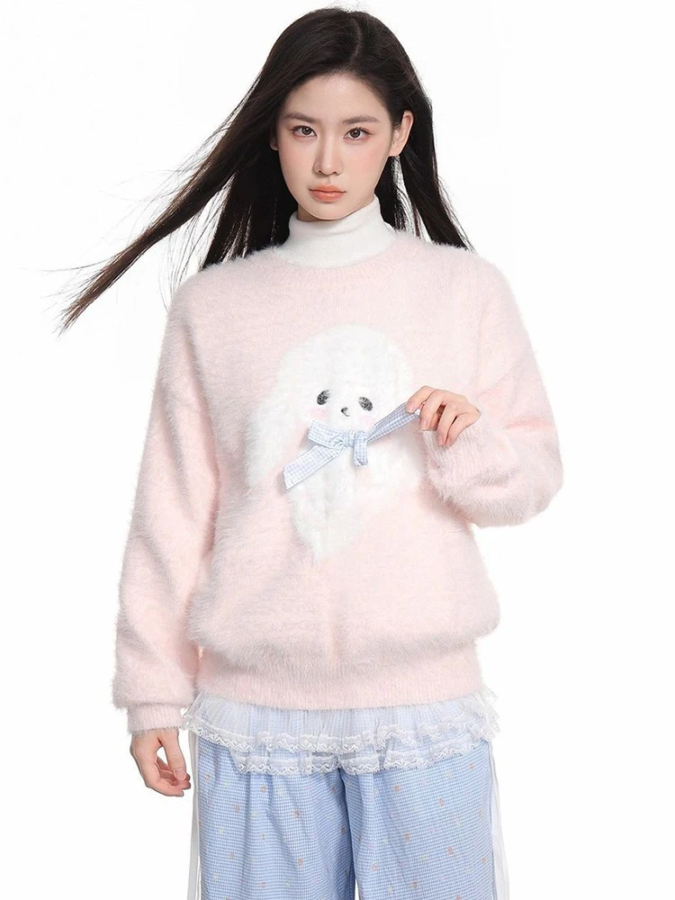 

Jmprs Sweet Pink Cartoon Sweater Women Cute Bow Faux Mink Cashmere Knitted Jumpers Korean Fashion Long Sleeve Lazy Wind Pullover