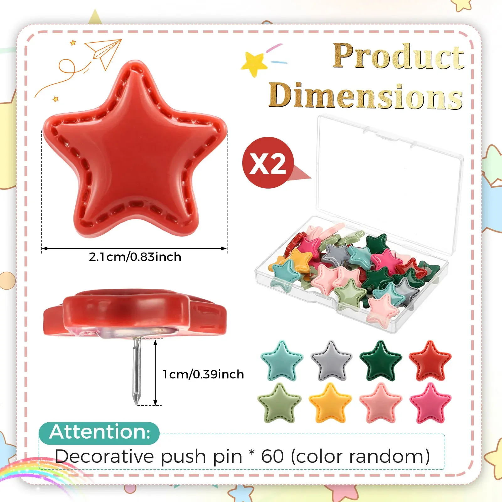 60Pcs Multi-purpsoe Star-shaped Pushpins Set Macaron Creative Thumb Tacks Multifunctional Star Shape Pushpins Office Supplies