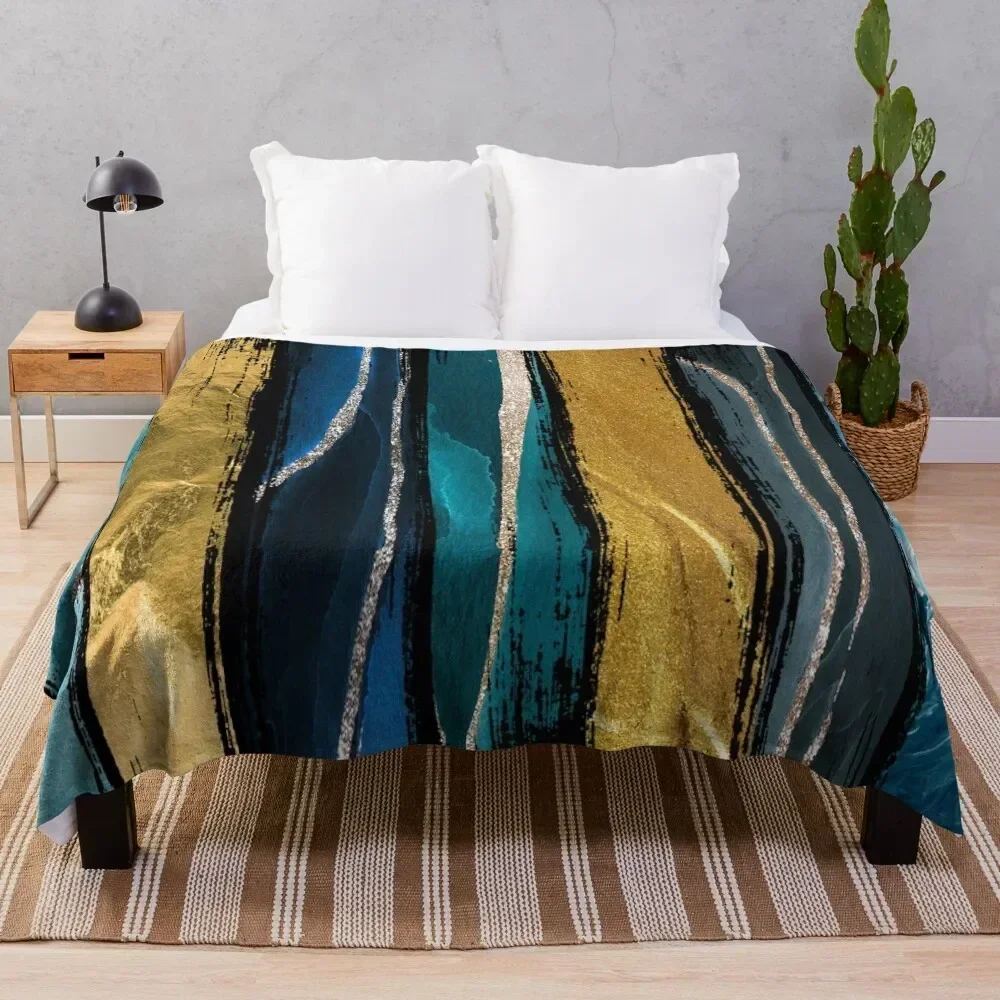 Abstract Vertical Brushstroke Teal and Gold Throw Blanket Soft Comfort Blanket for Reading Watching TV