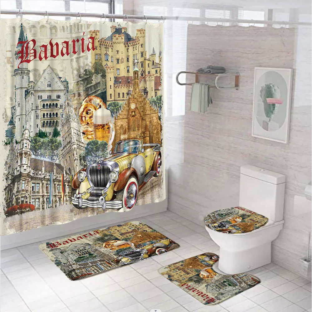 Travel Bavaria Vintage Oktoberfest Poster Visiting Shower Curtain Set Retro City Bathroom Curtain With Bath Mat Rug Toilet Cover