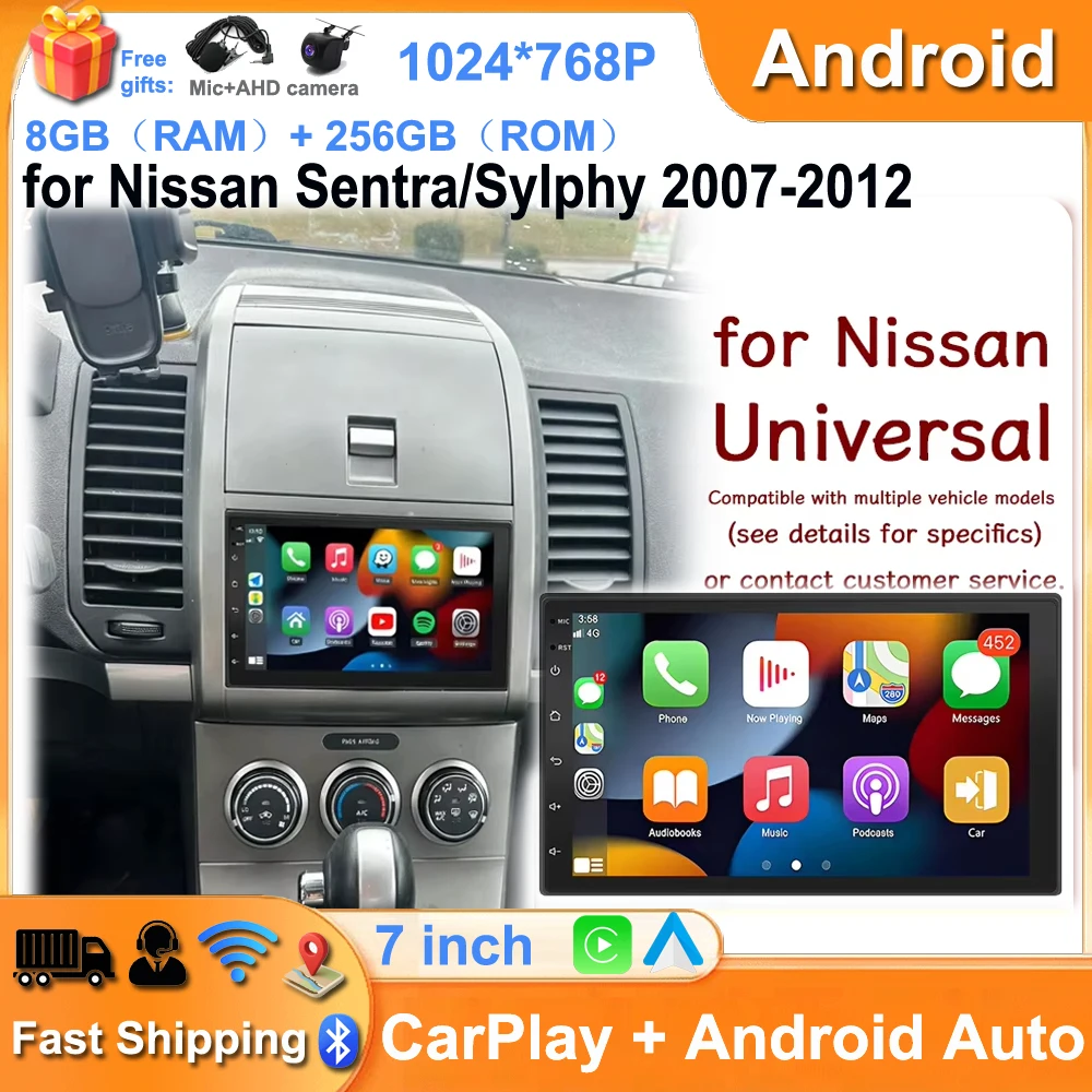 7Inch 8+256G Car Stereo GPS Navigation Radio Player Universal for Nissan Multiple Vehicle Models With Carplay/Android Auto WiFi
