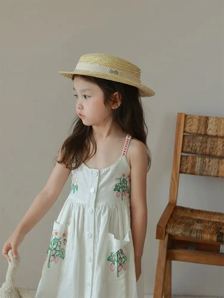 Girls' Embroidered Flower Strap Dress 2026 Summer New Style Children's Stylish Tank Top Dress