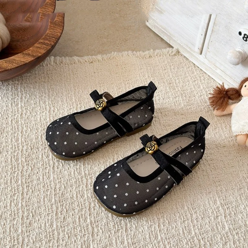 Summer Toddler Girls Polka Dot Mesh Mary Jane Shoes Flower Decor Soft Non-Slip Sole Breathable Lightweight Daily Party Wear