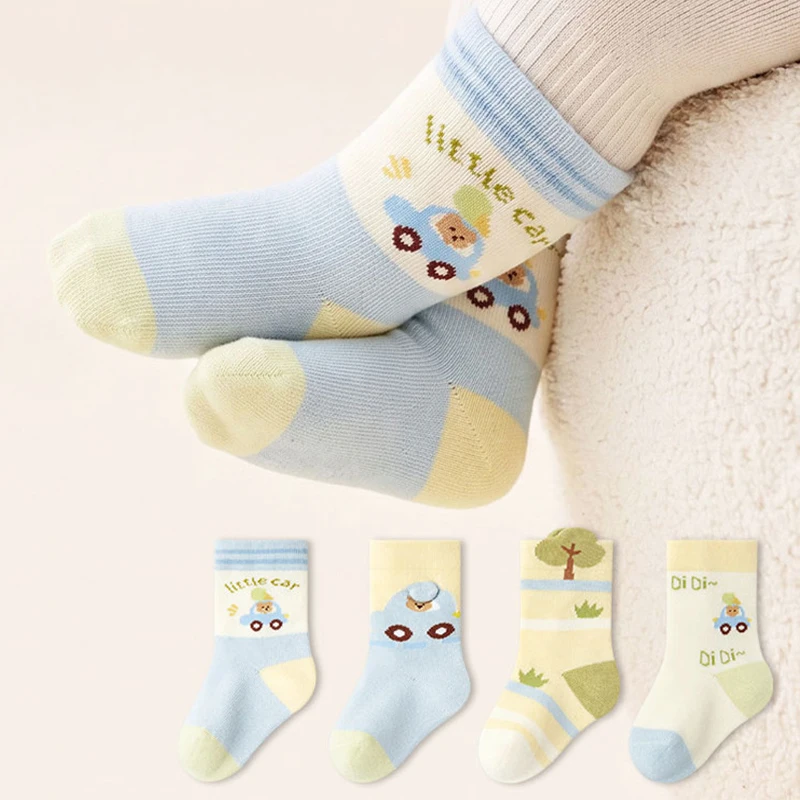 4 Pairs Baby Socks Cartoon Car Print Infant Socks Soft Skin-friendly Socks for Toddler Boys Girls