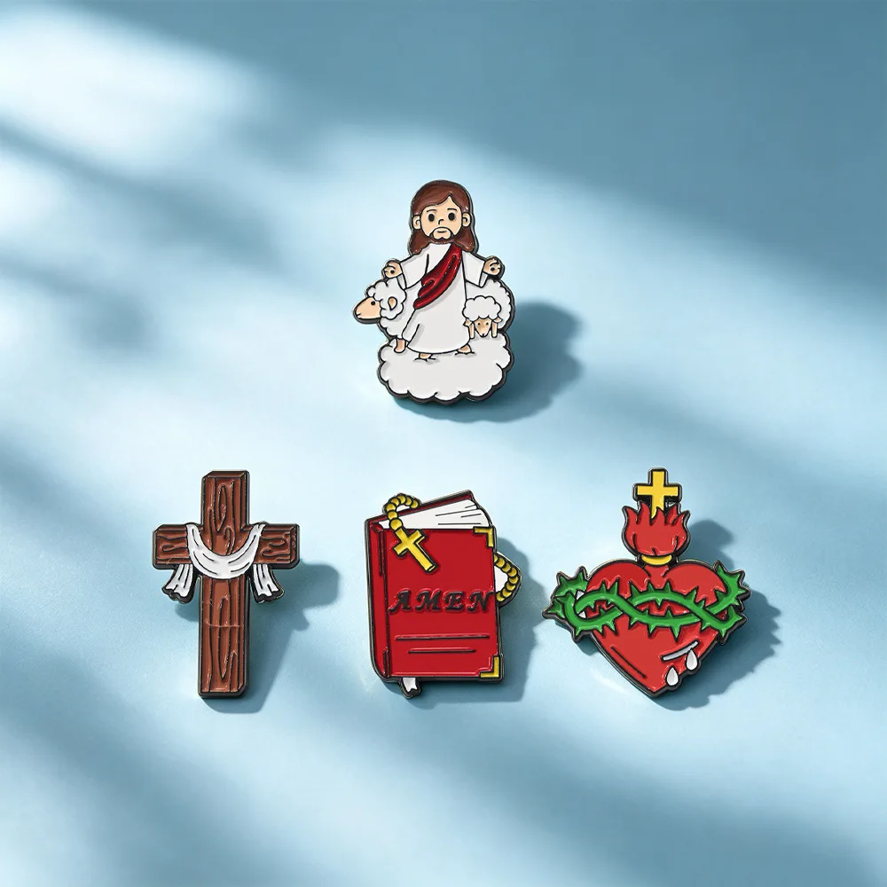 Cartoon Jesus Cross Enamel Brooch Lapel Pin Thorns Flames Heart Sheep Book Creative Metal Badge Punk Clothes Jewelry Friend Gift