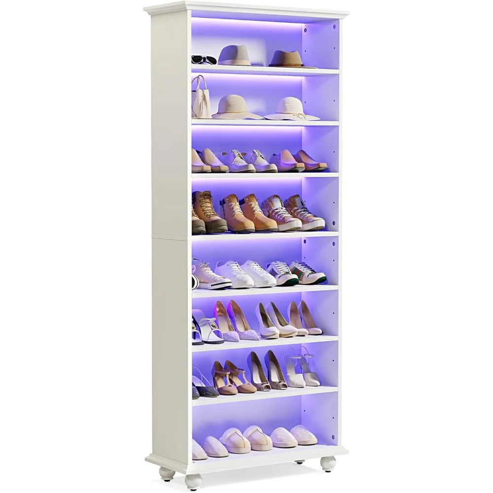 

white wooden 69" 8-tier shoe cabinet with led light strip and adjustable shelves for 26 pairs display