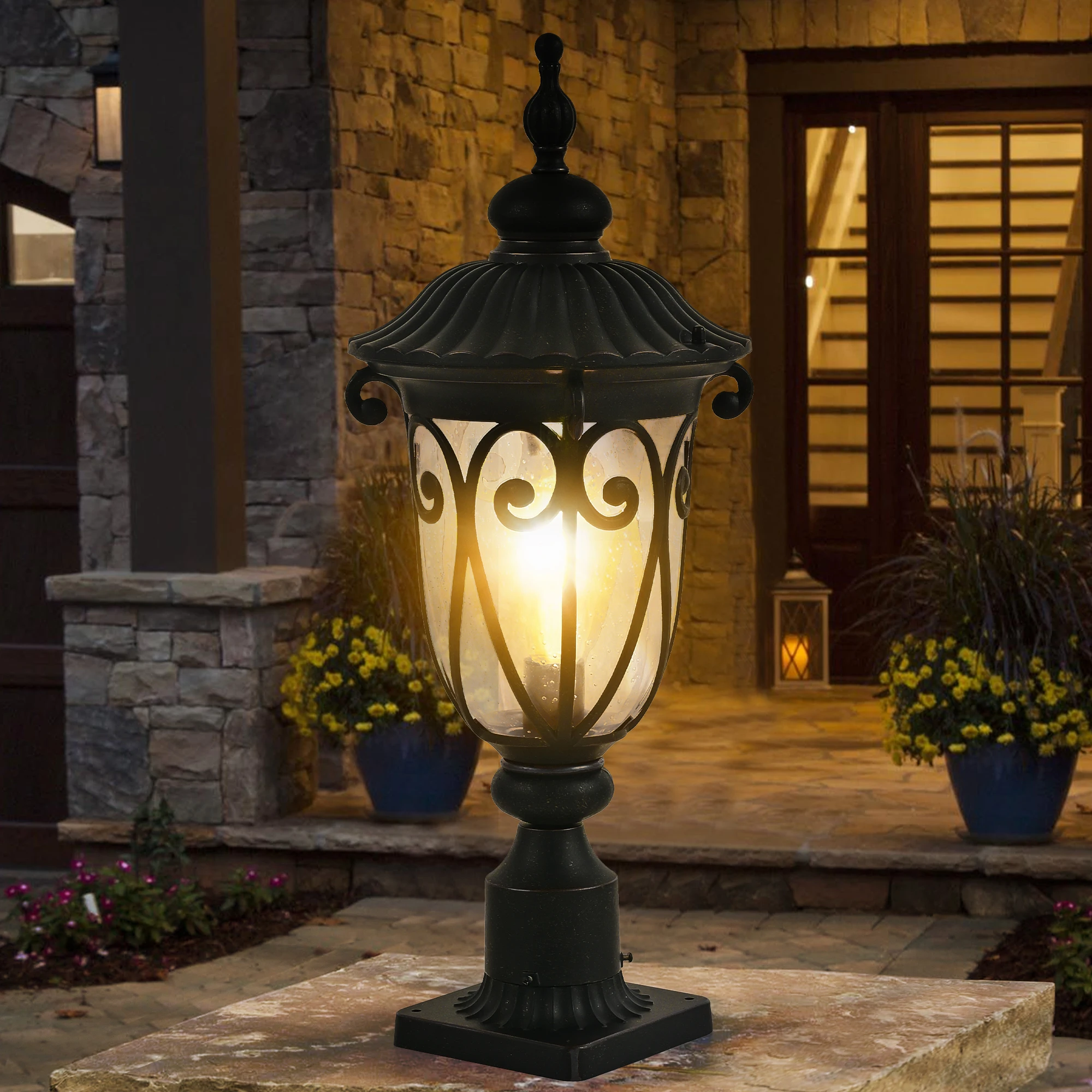 Vintage Black Outdoor Post Lantern - Waterproof Aluminum Lamp Post Light with Bubble Glass, Decorative Garden Pathway Lighting