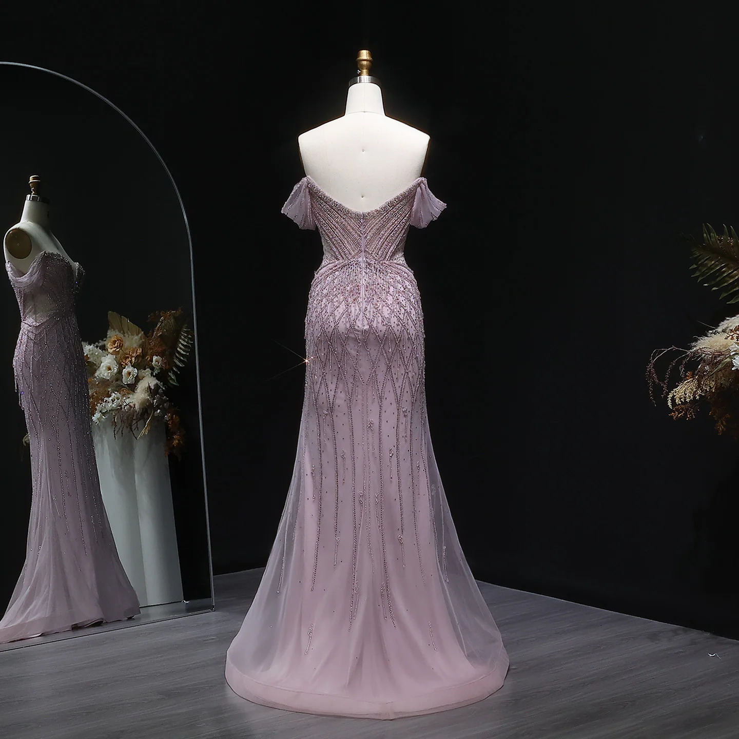 Sharon Said Atemberaubendes schulterfreies, rosafarbenes, mit Perlen besetztes Meerjungfrauen-Abendkleid mit Herzausschnitt, luxuriöses Dubai-Hochzeits- und Abschlussballkleid SS003, maßgeschneidert – Detail 4