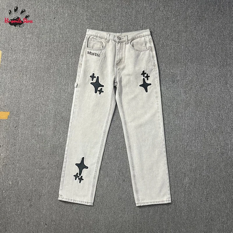 Pantalones rectos de mezclilla con logotipo bordado para hombres y mujeres, pantalones de chándal rectos con bolsillo, lavado de la mejor calidad, 1:1