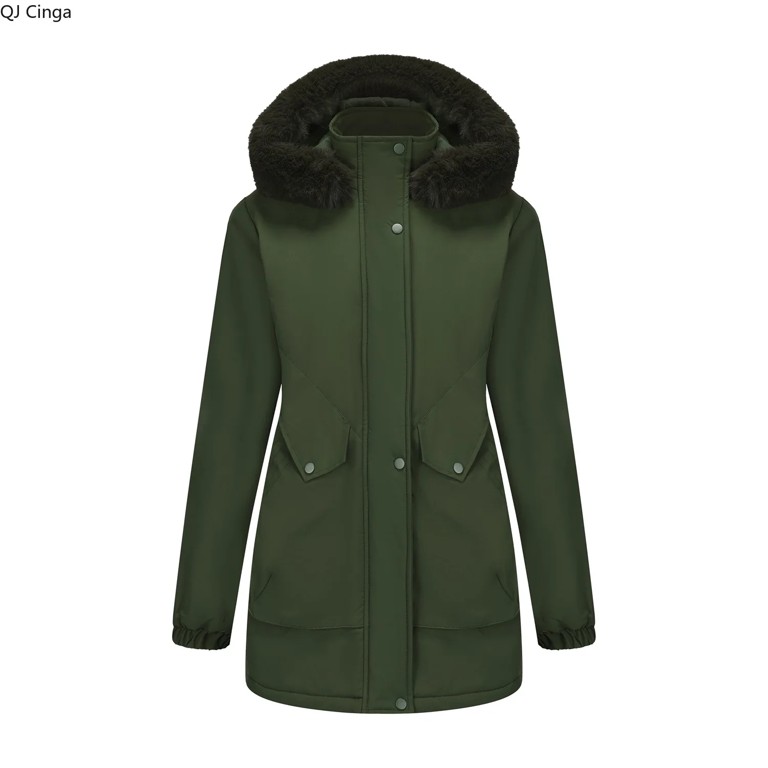 ใหม่ฤดูหนาวสีชมพูผู้หญิงเสื้อแจ็คเก็ตหนาความยาวกลาง,เสื้อแจ็คเก็ตคลุมด้วยผ้าสีแดง,ฮู้ดที่ถอดออกได้,สีเขียว,สีดำ,สีเทา,เสื้อคลุมสีกากี