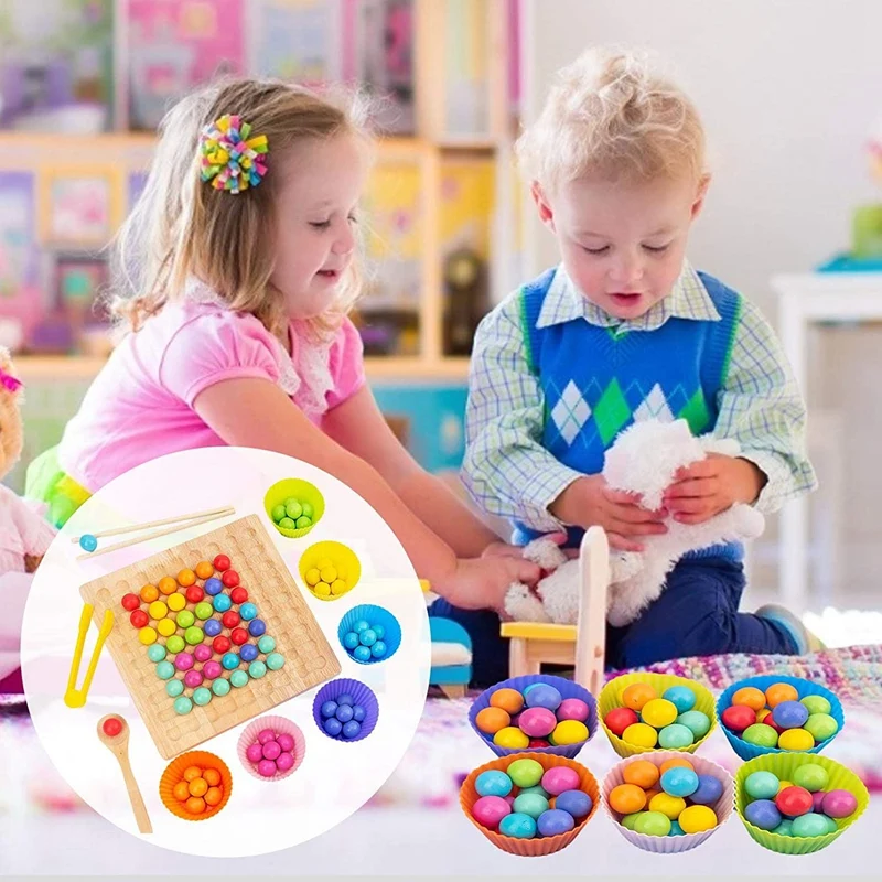 Wooden Clip Beads Rainbow Toy Rainbow Ball Board Game Wooden Training Clip Beads Puzzle Board Game For 3+ Years Kids