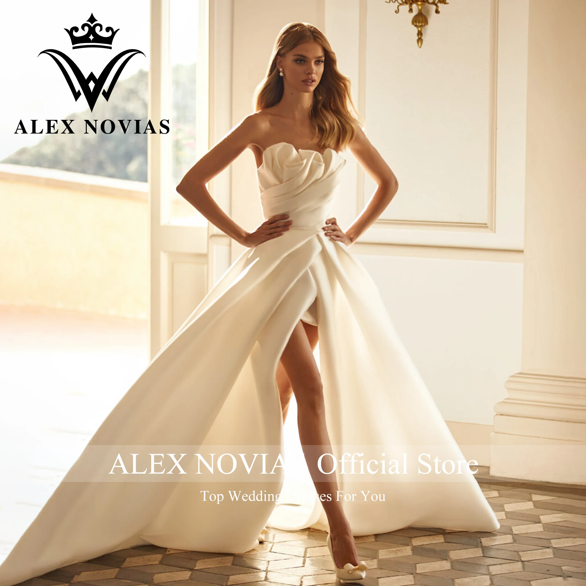 ALEX NOVIAS A-Line Wedding Dress High Quality 2023 Strapless Thigh Split Pleat Brush Train Satin Dress Vestidos Novias De Saten