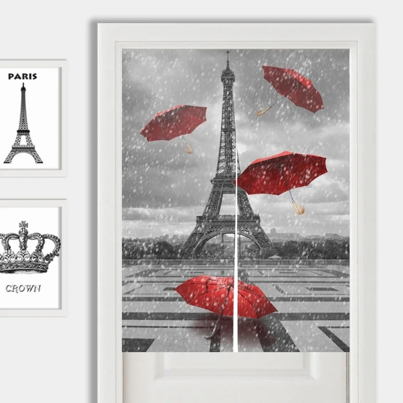 Paris Eiffel Tower Rainy Day Doorway Curtain Red Umbrella Japan Noren Curtain Restaurant Kitchen Entrance Partition Half-Curtain