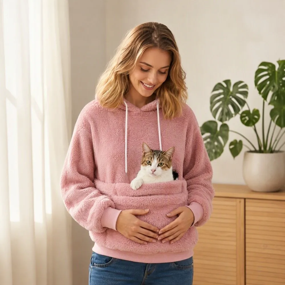 Solid Color Women Pet Carrier Hoodie Hooded Fleece-Lined Hooded Sweatshirt Soft Comfortable Double Pocket Hoodie