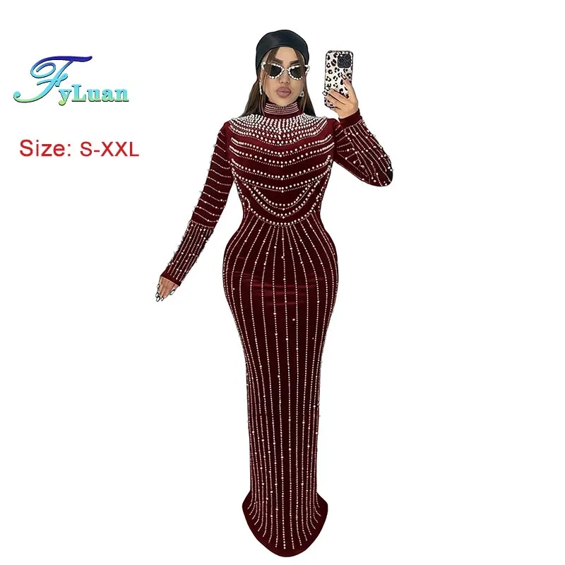2026年ファッション女性服 エレガントなパーティロングドレス スエード ホットラインストーン 長袖 マキシドレス セクシー スリムドレス プロムガウン