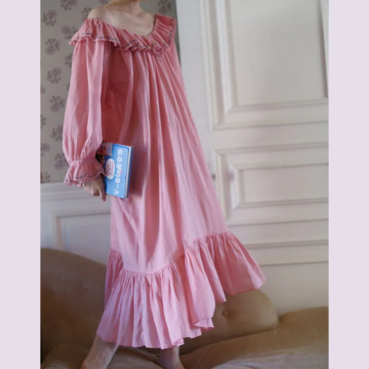 2026 New Embroidered Fairy Sleeping Dress 100% Cotton Sweet Princess Home Wear Sleepwear Women Nightgown Loungewear Nightdress