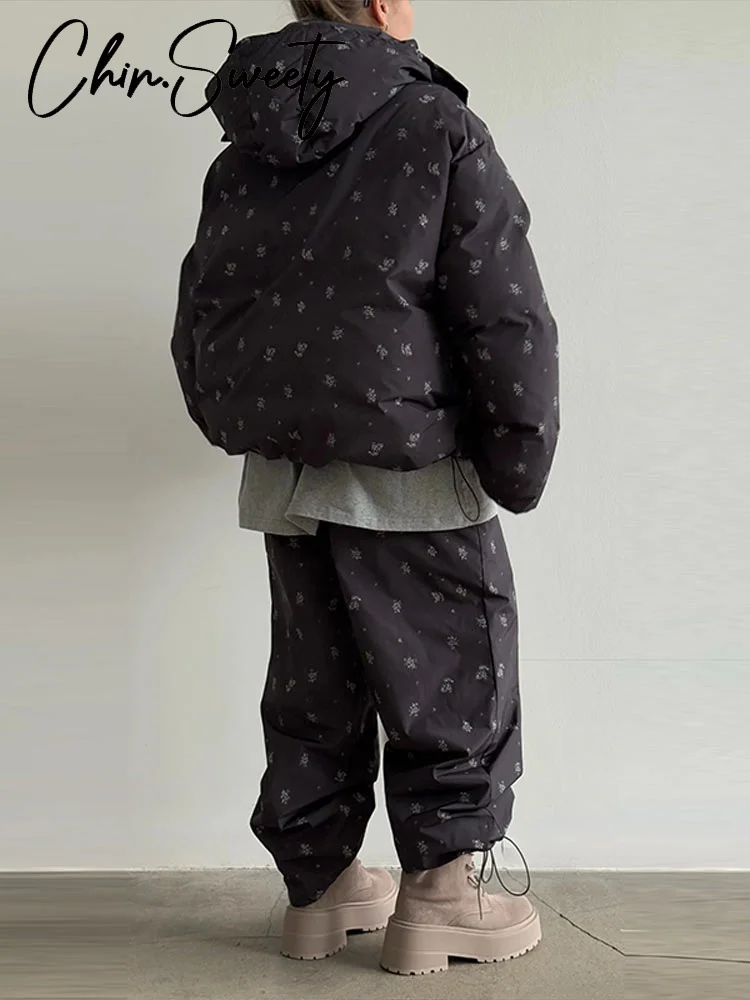 2025 الشتاء طباعة معطف السراويل النساء الزي أنيقة هودي كم طويل جيب سحابات سترة واسعة الساق بنطلون سيدة عادية مجموعة جديد #6