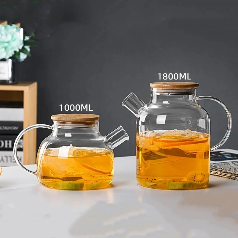 1L/1.8L Transparent Borosilicate Glass Teapot Heat Resistant Water Jug Large Capacity Water Kettle for Home Flower Tea Juice