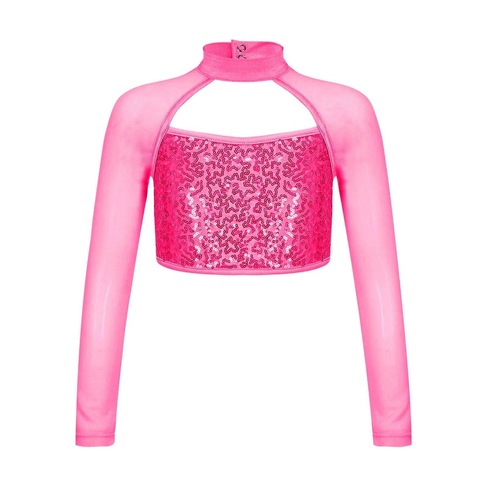 Kids Girls Long Sleeve Hollow Out Shiny Sequins Dance Crop Top Ballet Tops for Jazz Dancing Gymnastics Yoga Fitness Dancewear