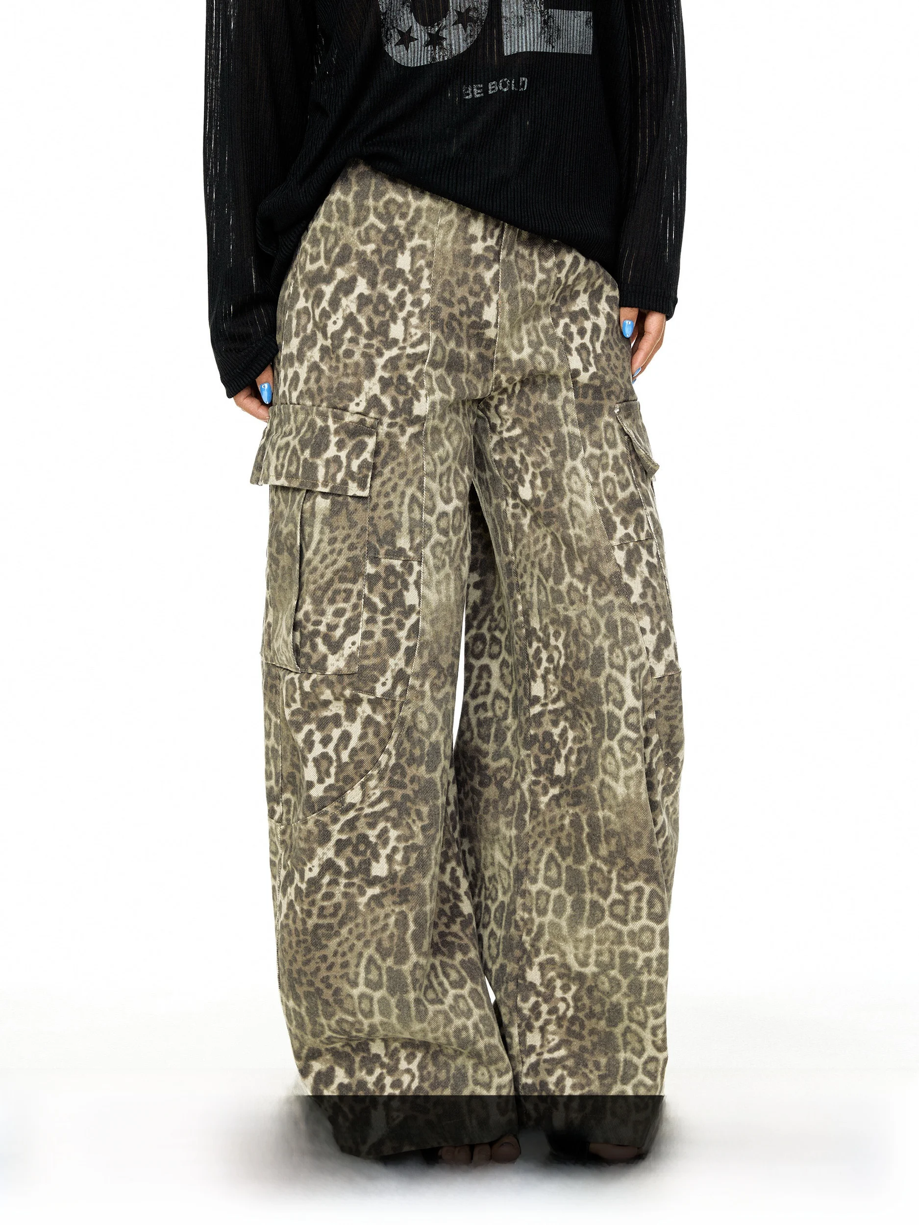 

Blackbb American Retro Workwear Denim Pants Summer Loose Casual Wide Leg Floor-Length Trousers Multiple Pockets Leopard Print