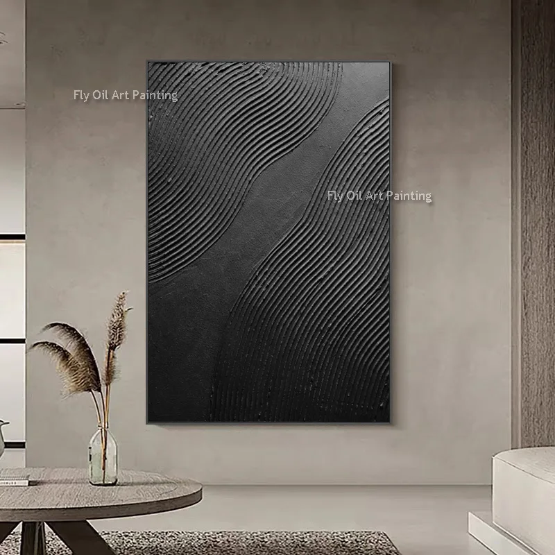 Large Special Artwork Abstract Pure Black Texture Thick Oil Painting Handmade New Design Knife Thick Canvas Wall Art Decor
