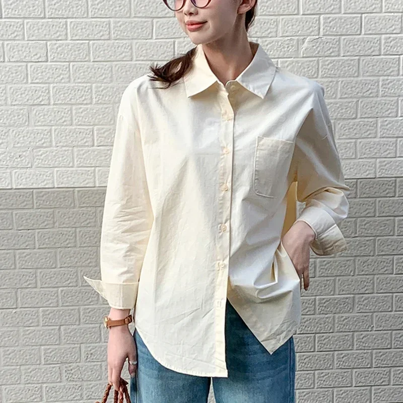 Kobiety Wiosna Jesień Koreańska Bawełniana Bluzka Moda Odzież Luźne Koszule Lady Casual Długi Rękaw Kołnierzyk Zapinany na Guziki Mujer