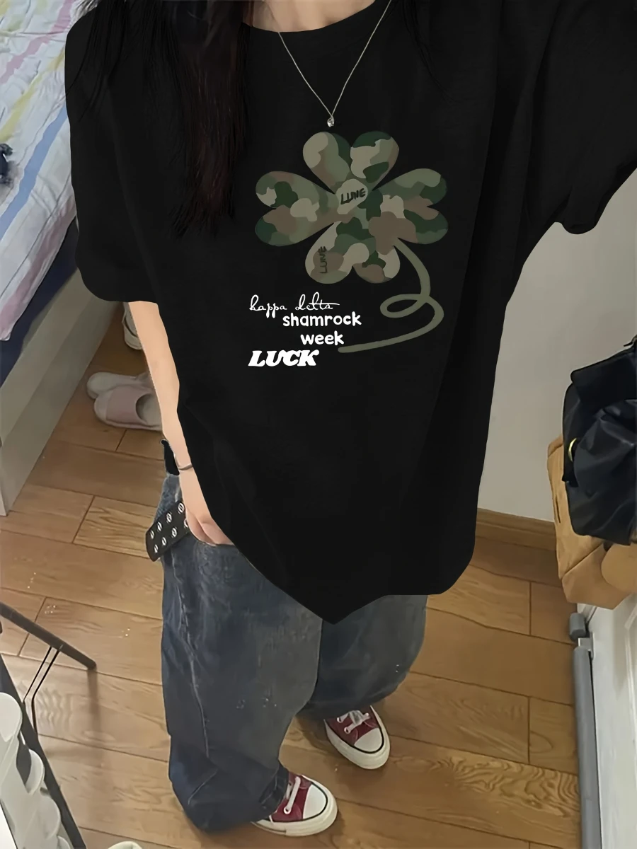 Y2K Eight-Leaf Clover Letter Print Short-Sleeved T-Shirt Women'S Summer New Fashion Loose Round Neck Versatile Design White Top