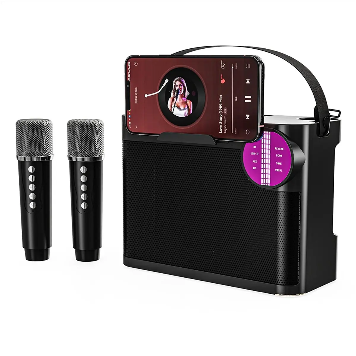 New Powerful Wireless Portable Dual Mics Bluetooth Speaker Hifi Stereo Family Party Karaoke Subwoofer with Cellphone Holder