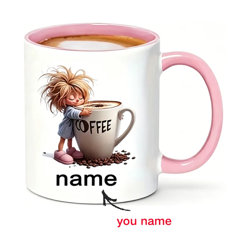 Personalized Ceramic Mug - Cute Girl Hug Coffee Mug, Customizable with Name, A Perfect Gift for Coffee Lovers