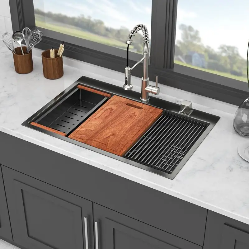 

33 Inch Drop-In Kitchen Sink - 33x22 Inch Gunmetal Black Topmount Single Bowl 16 Ga Stainless Steel Workstation Sink