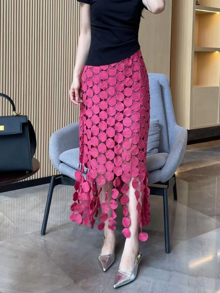 

Юбка-миди с кисточками, женская весна-лето, длинная юбка трапециевидной формы с вышивкой в горошек и высокой талией в Корейском стиле