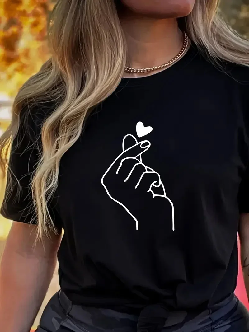 Urocza nadruk w kształcie serca jednolity kolor okrągły dekolt T-Shirt Plus Size kobiet z krótkim rękawem codzienny Top Oversized Harajuku lato