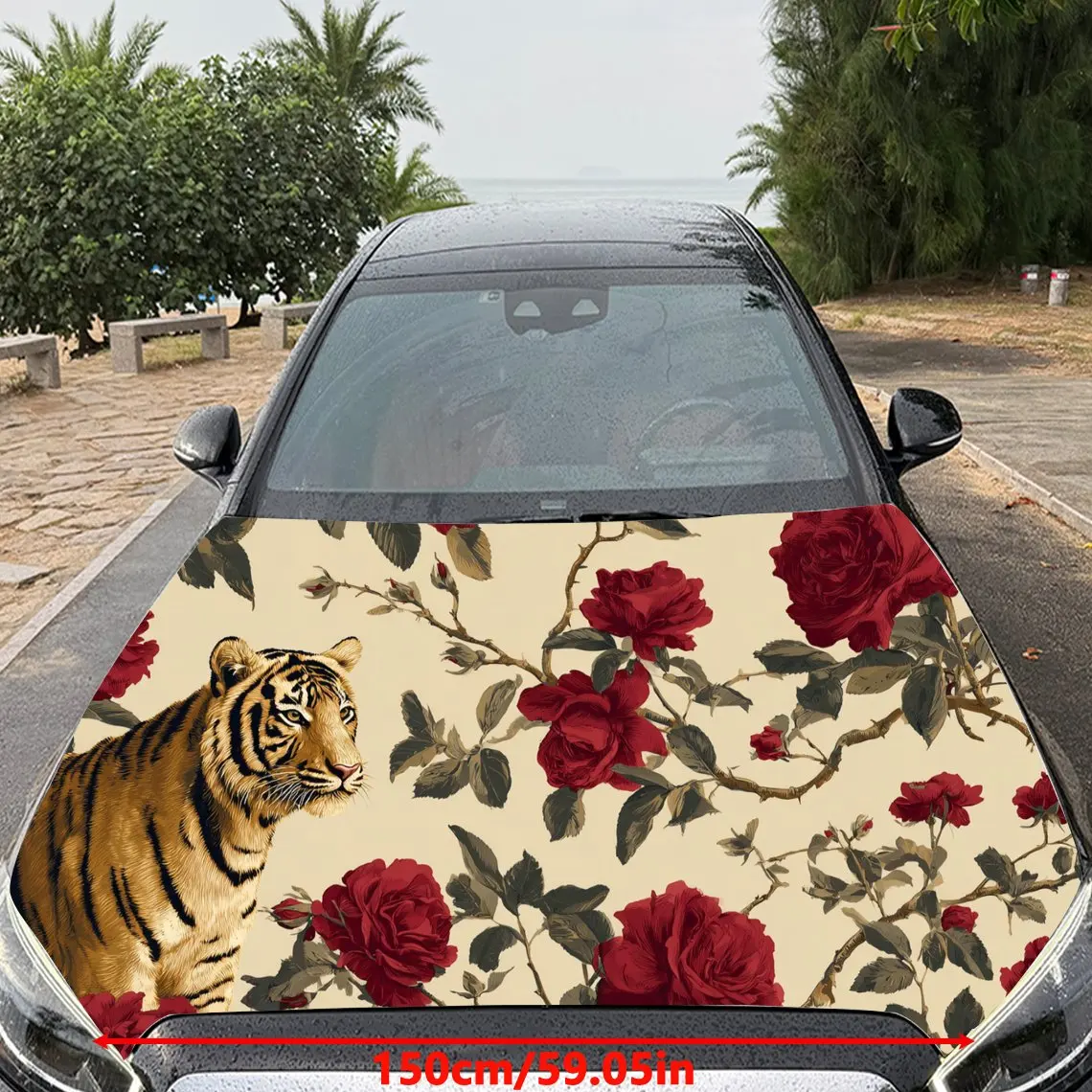 Car Decal Tiger in Red Rose Patterned Background & Artistic, Dynamic-Floral Visual Details Car Hood Sticker, Waterproof Self - A