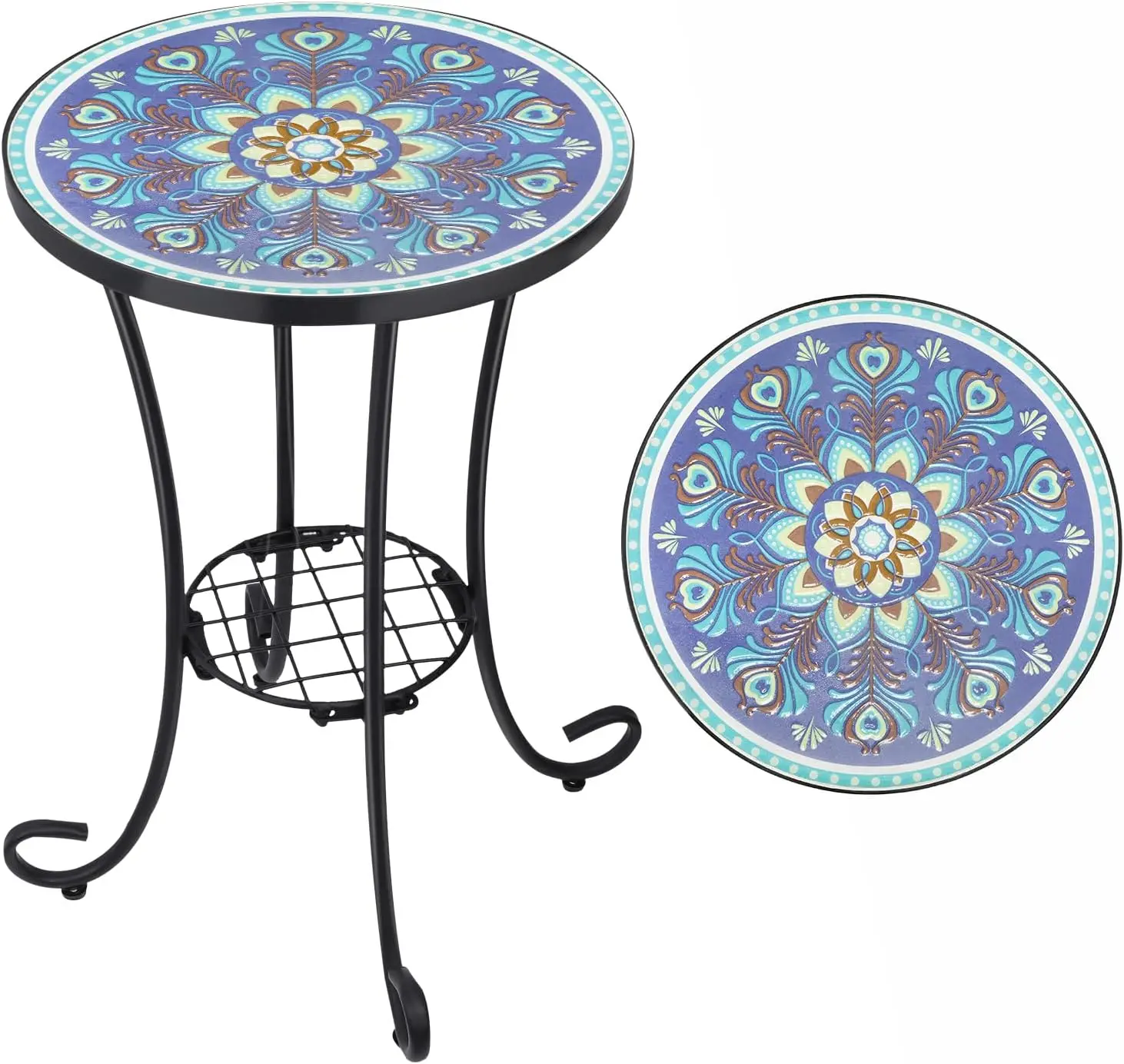 

Mosaic Outdoor Side Table 14" Patio Accent Table with Metal Frame, Rust Resistant, Easy Assembly, Peacock Feather Design