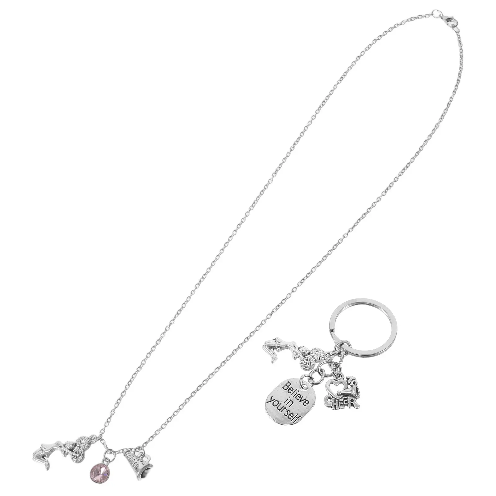 1Set Cheerleading Keychain Necklace Combo Cheerleader Pendant Charm Set for Backpacks Purses Bags Accessories Gift
