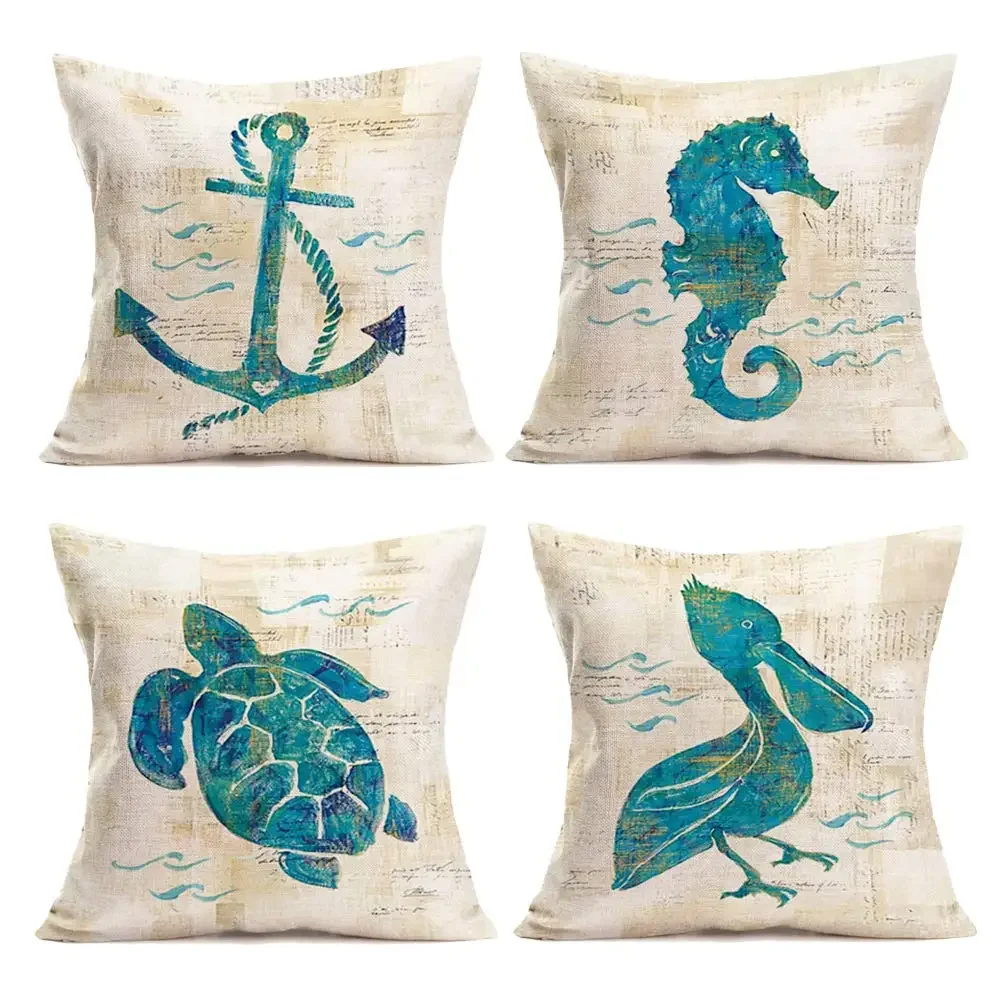 Blue sea horse sea turtle anchor bird linen pillowcase sofa cushion cover home decoration can be customized for you 40x40 50x50