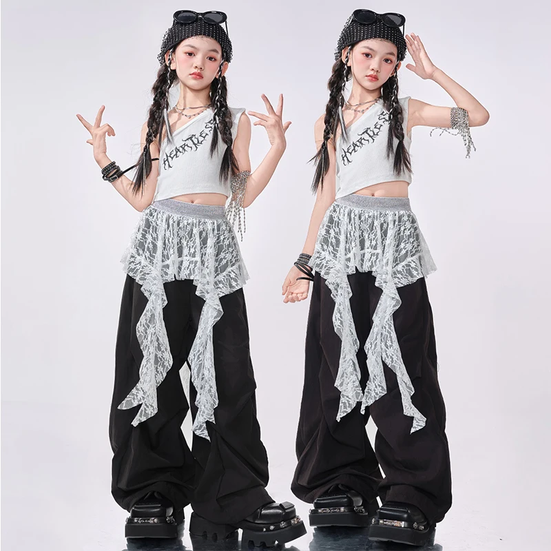 

Новый джазовый костюм в стиле хип-хоп для девочек, серый укороченный топ, черные брюки-ташины, одежда для городских танцев, одежда для уличных танцев, AMY2183