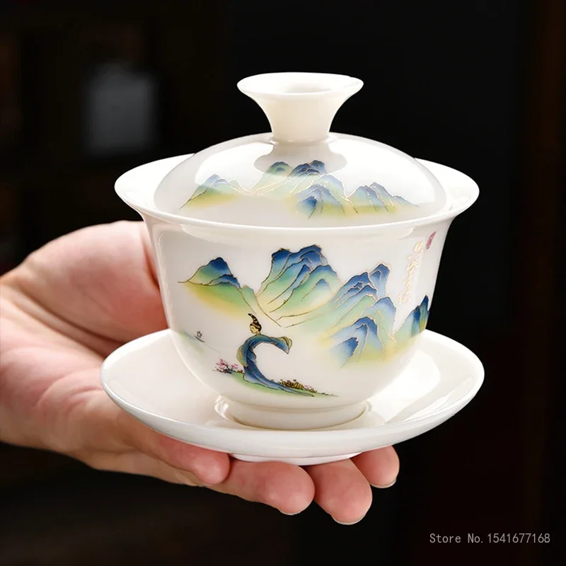 Ceramic Kung Fu Tea Set Creative White Porcelain Pure White Gold Painted Mountain Pattern Three Talent Cover Bowl Single Tea Cup