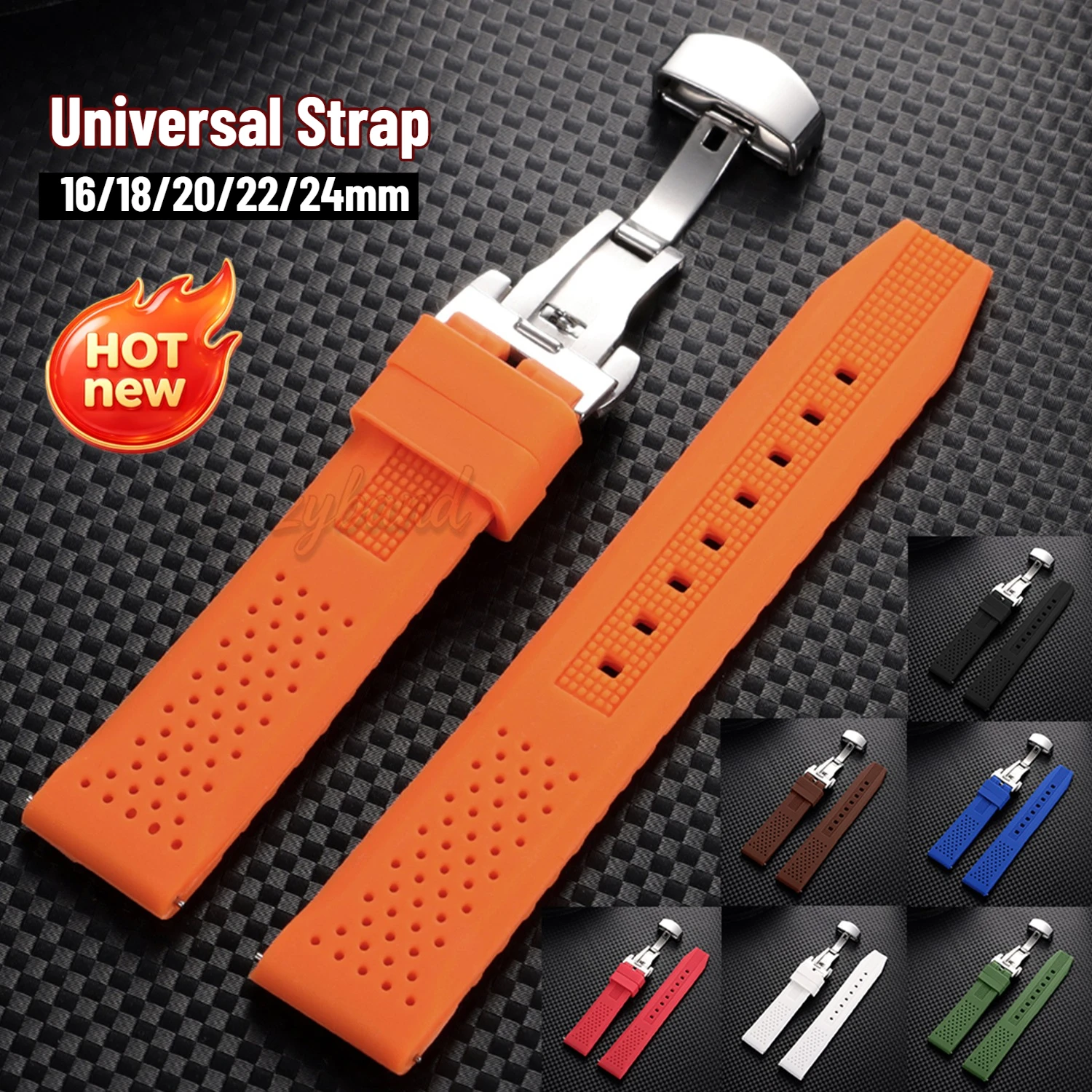 Silicone Watch Strap 16mm 18mm20mm22mm24mm Orange Universal Porous Breathable Bracelet Quick Release Soft Butterfly Buckle Wrist