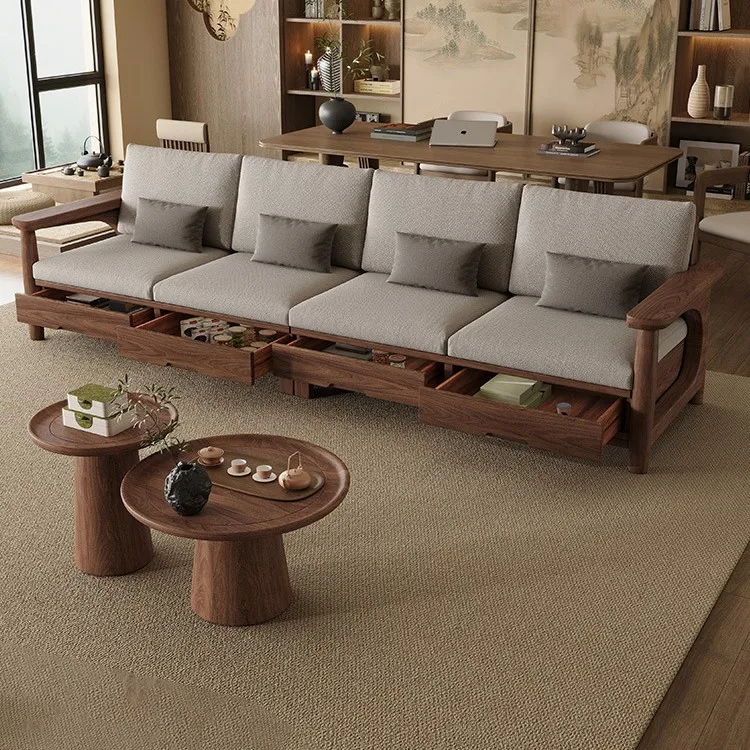 Solid wood sofa, medieval style, black walnut, storage fabric sofa, living room small apartment straight row