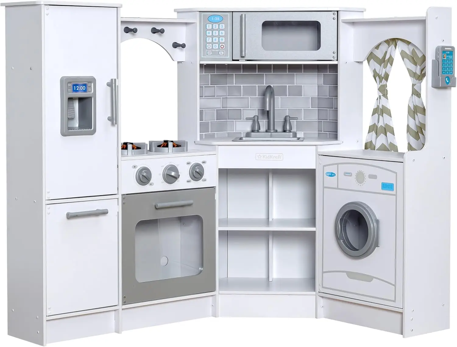 Ultimate Corner Wooden Play Kitchen with Lights & Sounds, Play Phone and Curtains, White