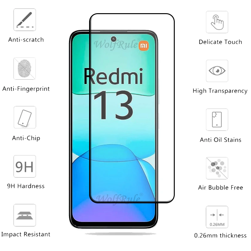 4/3/2/1PCS For Redmi 13 Glass Xiaomi Redmi 13 Tempered Glass Protective Full Cover Glue 9H For Screen Protector Redmi 13 Redmi13