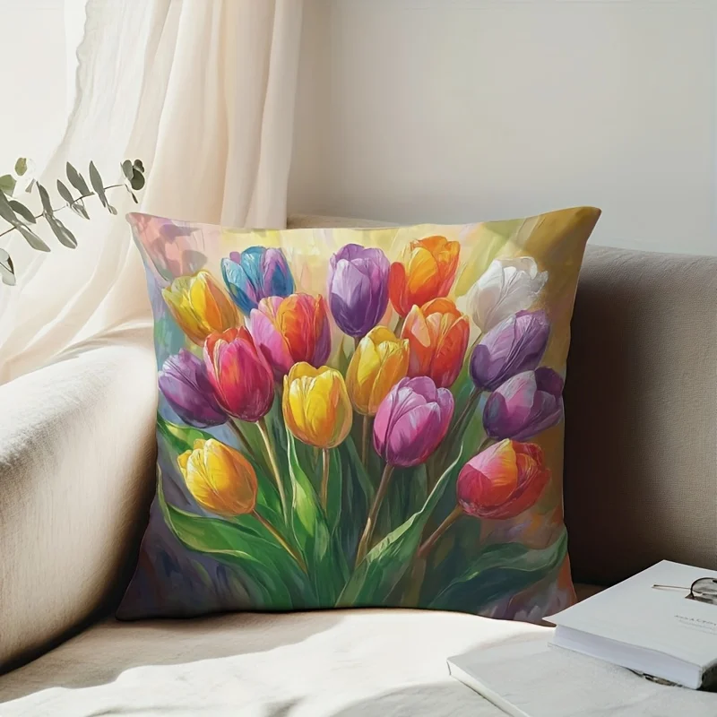 1pc Colorful Tulip Oil Painting Style Throw Pillow Cover,Suitable for Sofa,Bedroom,Living Room,Easily Create a Spring Atmosphere