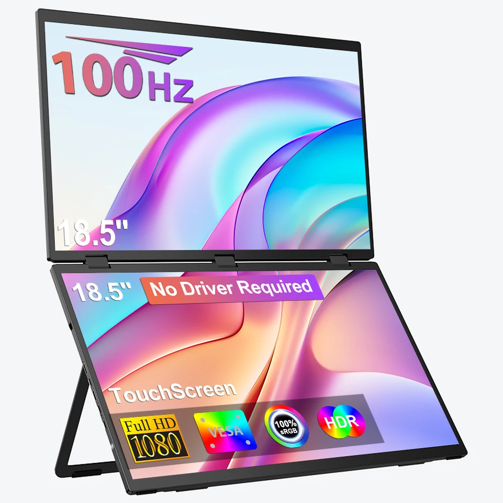 Cdisplay 18.5" Double Screen Portable Monitor 100Hz 1080P HDR 360° Folding Stacked Triple Display for Laptop PC Phone